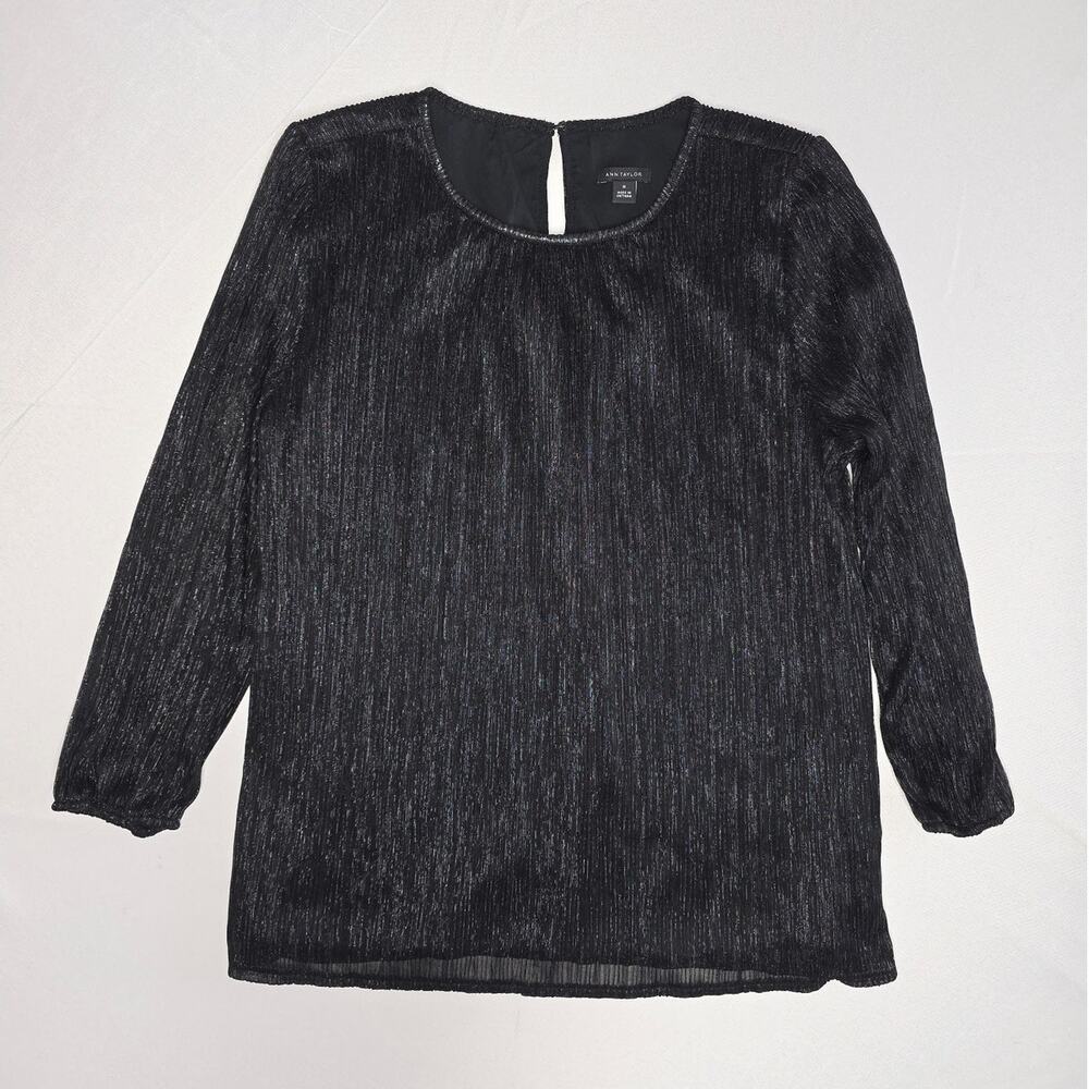 Ann Taylor black metallic pleated long-sleeve blouse Size M